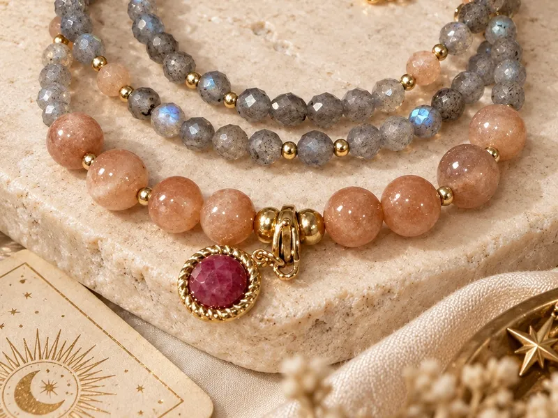 Bijou polyvalent: bracelet triple tour ou collier, composé de Pierre de lune et le Labradorite.