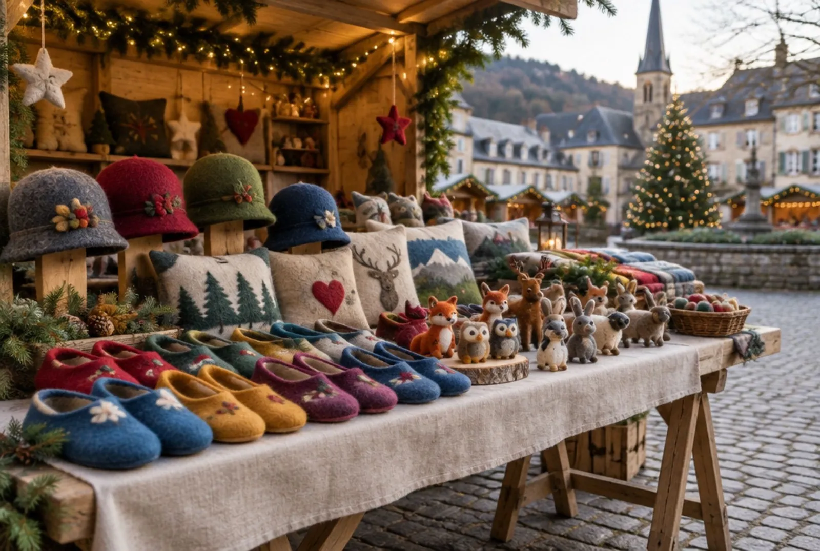 Marktstand mit Filzpantoffeln, Mützen, Kissen und Filztieren